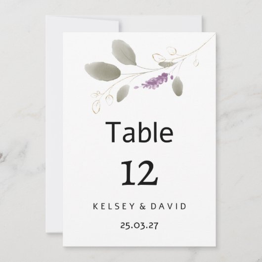 Lavendel munt gouden waterverf bloementafel nummer kaart (Voorkant)
