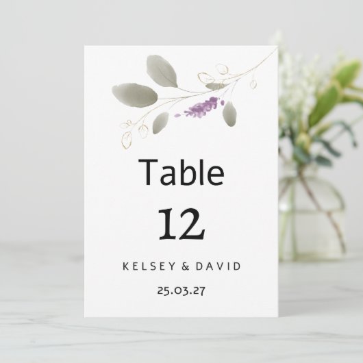 Lavendel munt gouden waterverf bloementafel nummer kaart (Staand voorkant)