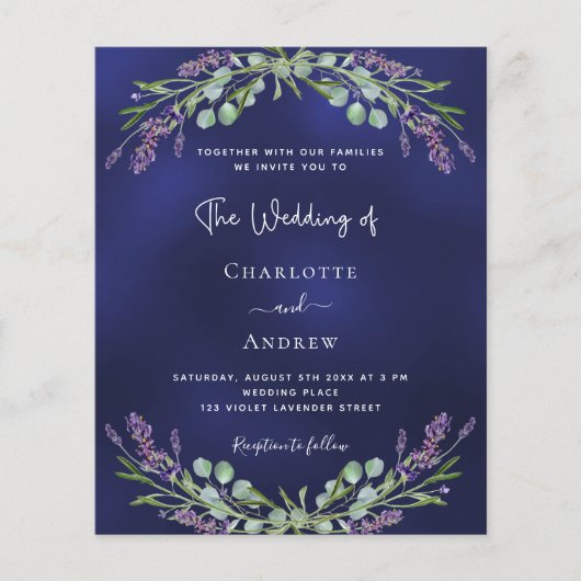 Lavendel navy blauw budget bruiloft uitnodiging (Voorkant)