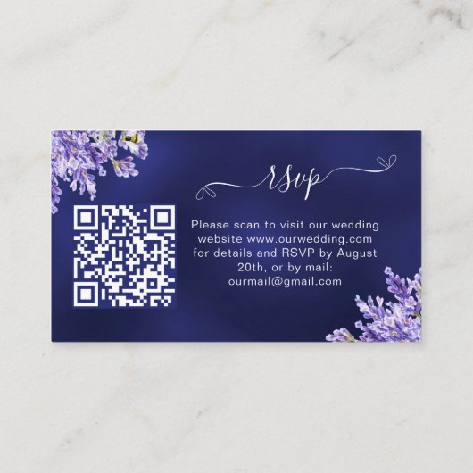 Lavendel navy blauwe bruiloft website QR code RSVP Informatiekaartje (Achterkant)