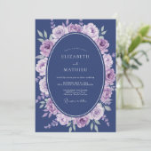 Lavendel Navy Waterverf Bloem Bruiloft Kaart (Staand voorkant)