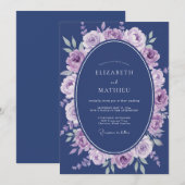Lavendel Navy Waterverf Bloem Bruiloft Kaart (Voorkant / Achterkant)