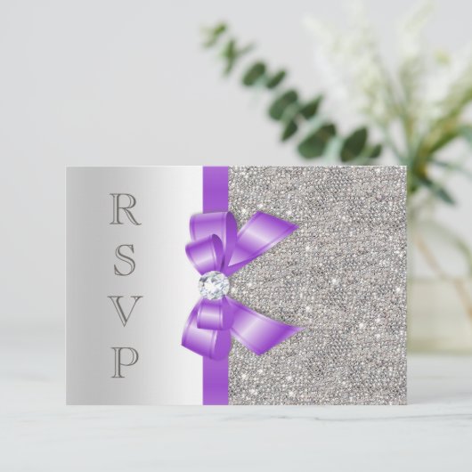 Lavendel Neppige Boog en Diamanten RSVP Kaartje (Staand voorkant)