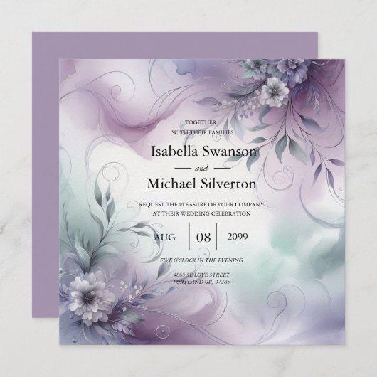 Lavendel Nevel en Waterverf Fluisteringen Bruiloft Kaart (Voorkant / Achterkant)