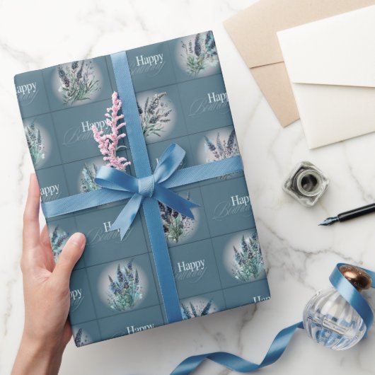 Lavendel Ontwerp Verjaardag Wrapper in Aquatic Blu Cadeaupapier (Geschenken)