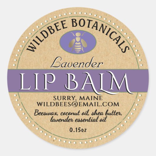 Lavendel op Kraft Bijenwas Lip Balm Stippelrand Ronde Sticker (Voorkant)