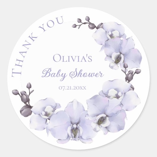 Lavendel Orchidee Baby Shower Stickers - Bloemige  (Voorkant)