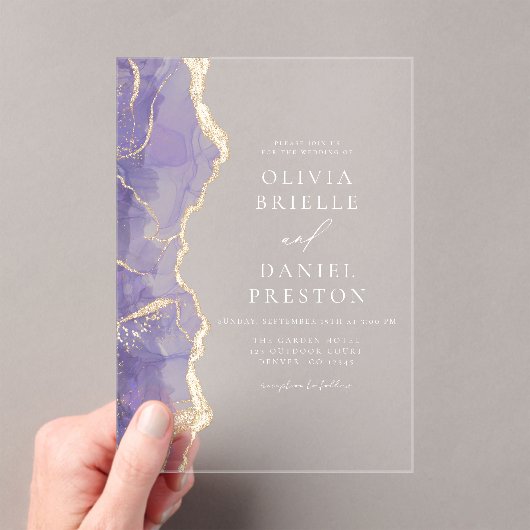 Lavendel Paars Goud Agaat Elegante Moderne Trouwda Acryl Uitnodigingen (Insitu (Draagbaar))
