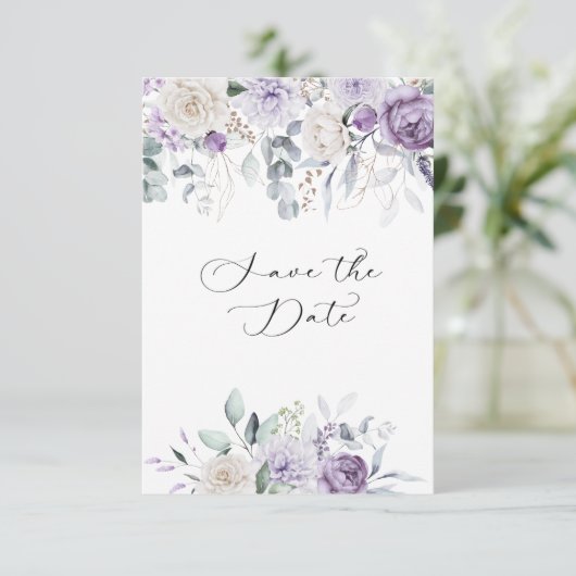 Lavendel, Paars, Ivoor Hydrangea Bloemen Save The Date (Staand voorkant)