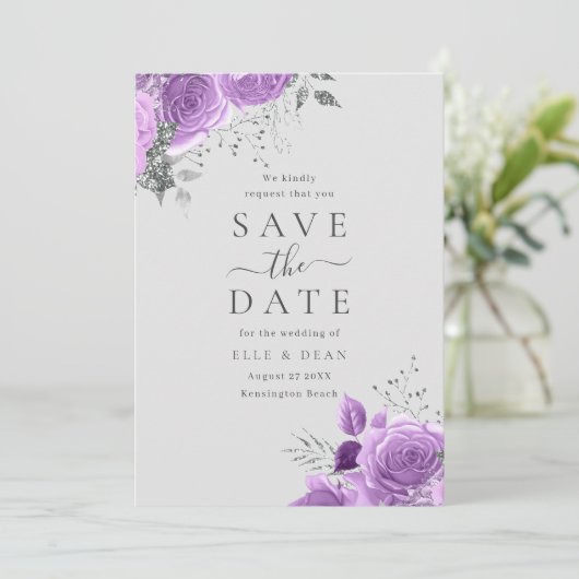 Lavendel Paars & Zilver Bloemige Elegante Trouw Save The Date (Staand voorkant)