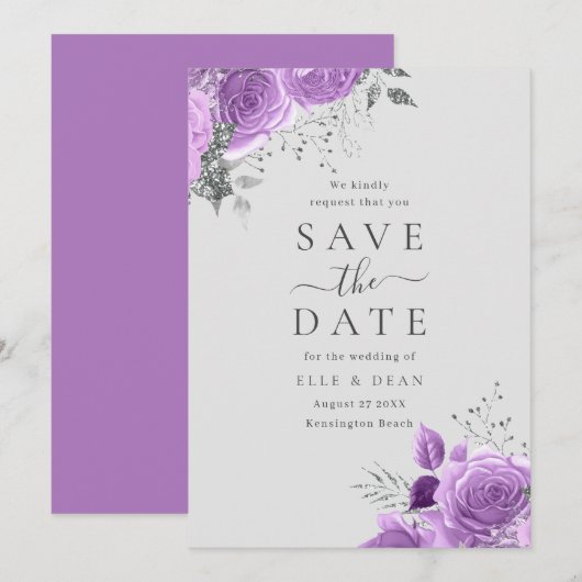 Lavendel Paars & Zilver Bloemige Elegante Trouw  Save The Date (Voorkant / Achterkant)