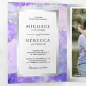 Lavendel Paarse Agaten Marmer QR Code Bruiloft Drieluik Uitnodiging (Binnenzijde eerst)