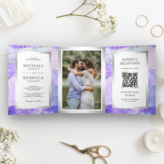Lavendel Paarse Agaten Marmer QR Code Bruiloft Drieluik Uitnodiging
