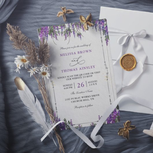 Lavendel Paarse Aquarel Budget QR Code Trouwen Kaart