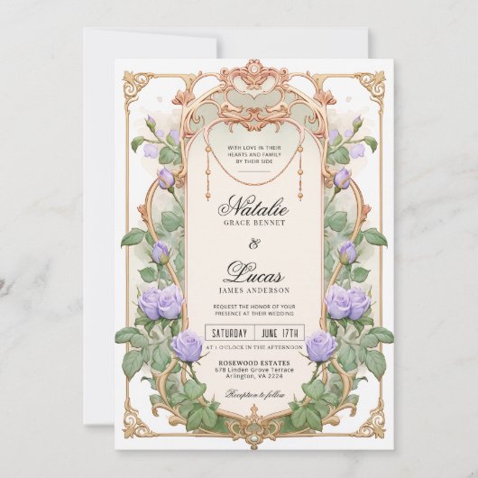 Lavendel Paarse Art Nouveau Floral bruiloft Uitnod Kaart (Voorkant)
