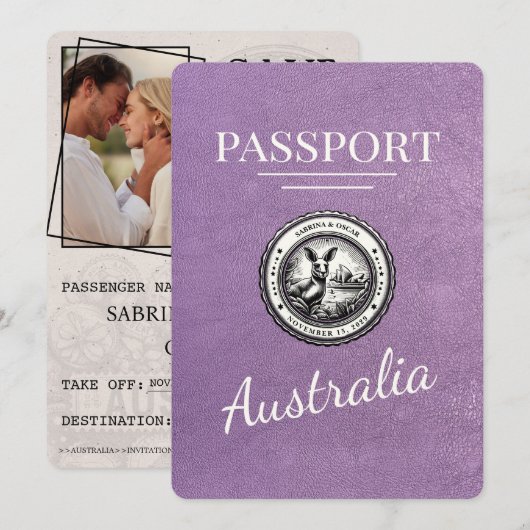 Lavendel Paarse Australië Paspoort Bewaar de datum Save The Date (Voorkant / Achterkant)