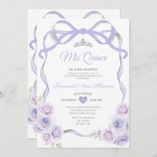 Lavendel Paarse Bloemboog Lijst Silver Mis Quince Kaart (Voorkant / Achterkant)