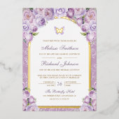 Lavendel Paarse Bloemboog Vlinder Trouwgoud Folie Uitnodiging (Voorkant)