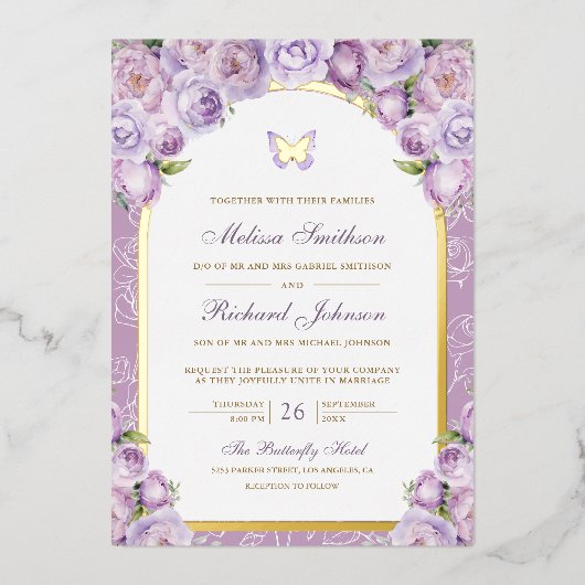 Lavendel Paarse Bloemboog Vlinder Trouwgoud Folie Uitnodiging (Voorkant)