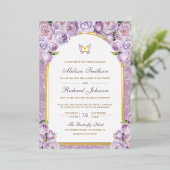 Lavendel Paarse Bloemboog Vlinder Trouwgoud Folie Uitnodiging (Staand Voorkant)