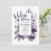 Lavendel Paarse Bloemen Baby shower Uitnodiging (Staand voorkant)