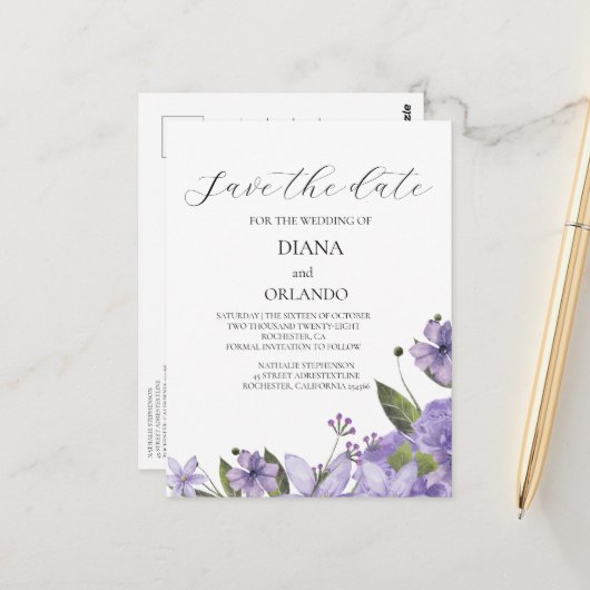 Lavendel paarse bloemen bewaar de datum briefkaart (Voorkant / Achterkant in situ)