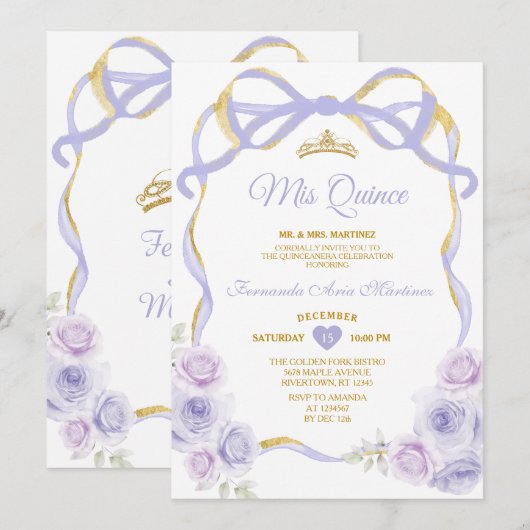Lavendel Paarse Bloemen Boog Ribbon Gold Mis Quinc Kaart (Voorkant / Achterkant)