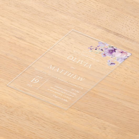 Lavendel Paarse Bloemen bruiloft acryl uitnodiging (Laagn)