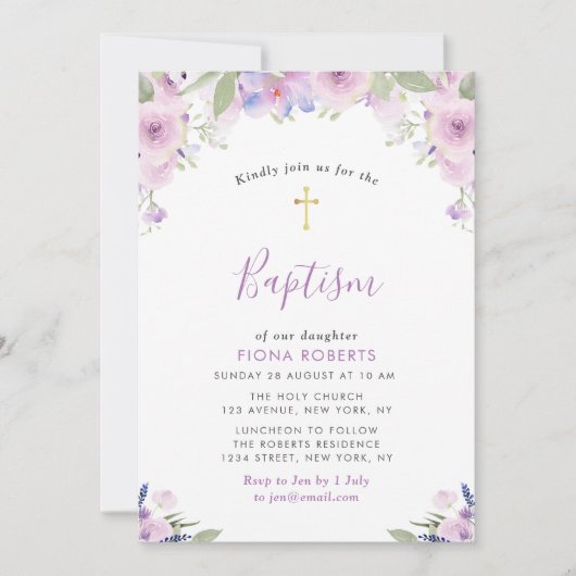 Lavendel paarse bloemen doop kaart (Voorkant)