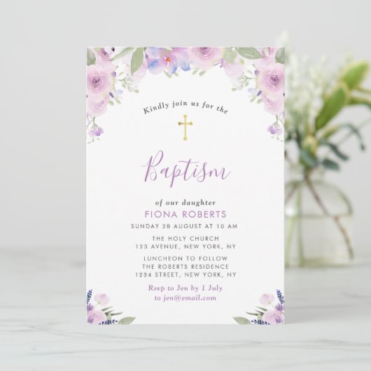 Lavendel paarse bloemen doop kaart (Staand voorkant)