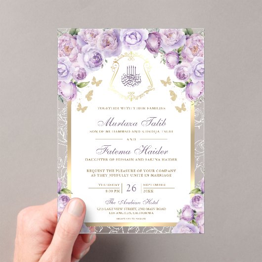 Lavendel Paarse Bloemen Gouden Boog Moslim Huwelij Acryl Uitnodigingen (Insitu (Draagbaar))