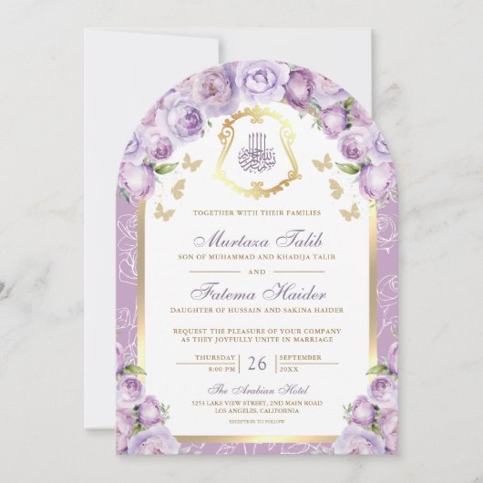 Lavendel Paarse Bloemen Gouden Boog Moslim Huwelij Kaart (Voorkant)
