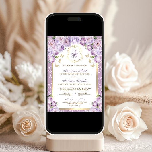 Lavendel Paarse Bloemen Gouden Boog Moslim Huwelij Kaart
