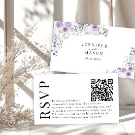 Lavendel Paarse Bloemen Huwelijk RSVP QR code kaar Informatiekaartje