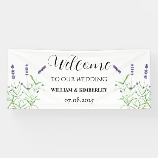 Lavendel Paarse Bloemen Rustieke Elegante Bruiloft Spandoek (Horizontaal)