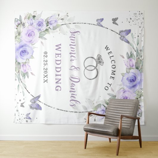 Lavendel Paarse Bloemen Vlinders Bruidsbruiloft Wandkleed (In Situ (horizontaal))