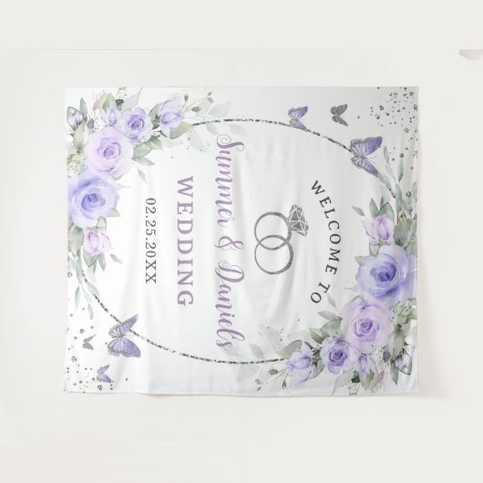 Lavendel Paarse Bloemen Vlinders Bruidsbruiloft Wandkleed (Voorkant (horizontaal))