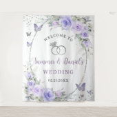 Lavendel Paarse Bloemen Vlinders Bruidsbruiloft Wandkleed (Voorkant)