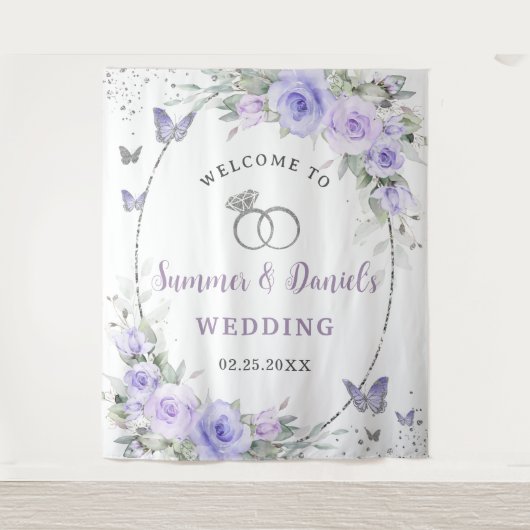 Lavendel Paarse Bloemen Vlinders Bruidsbruiloft Wandkleed (Voorkant)