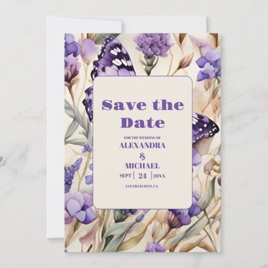 Lavendel Paarse bloemenelegante bruiloft Save The Date (Voorkant)