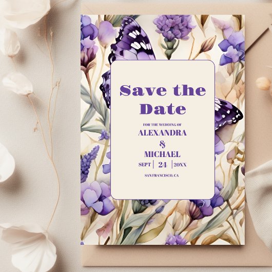 Lavendel Paarse bloemenelegante bruiloft Save The Date