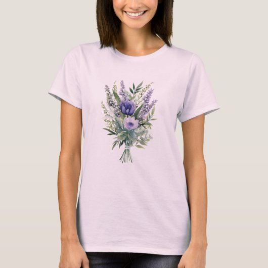 Lavendel Paarse bloemengroen bloemenboeket T-shirt (Voorkant)
