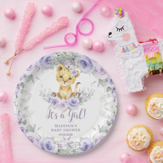 Lavendel Paarse bloemenleeuwenwelp Baby shower Papieren Bordje (Feest)
