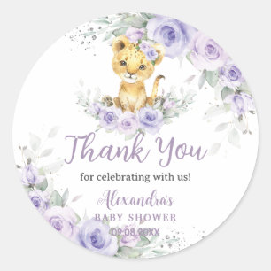 Lavendel Paarse bloemenleeuwenwelp Baby shower Ronde Sticker