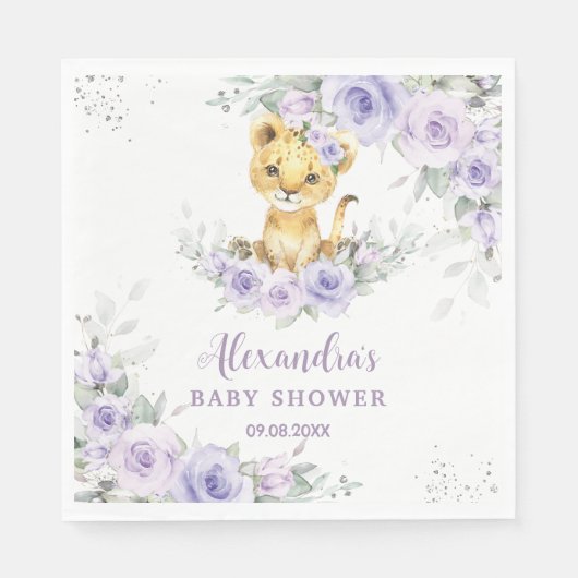 Lavendel Paarse bloemenleeuwenwelp Baby shower Servet (Voorkant)