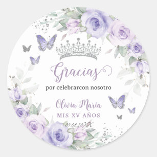 Lavendel Paarse Bloemenvlinders Quinceañera Ronde Sticker