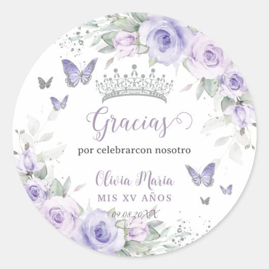 Lavendel Paarse Bloemenvlinders Quinceañera Ronde Sticker (Voorkant)