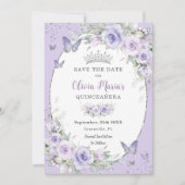 Lavendel Paarse Bloemenvlinders Quinceañera Save The Date (Voorkant)