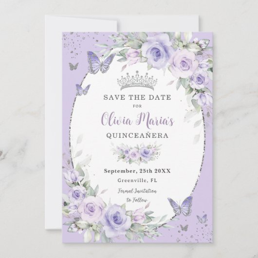 Lavendel Paarse Bloemenvlinders Quinceañera Save The Date (Voorkant)