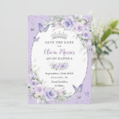 Lavendel Paarse Bloemenvlinders Quinceañera Save The Date (Staand voorkant)